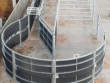 Circular livestock handling facility with metal panels and gates for managing animals.